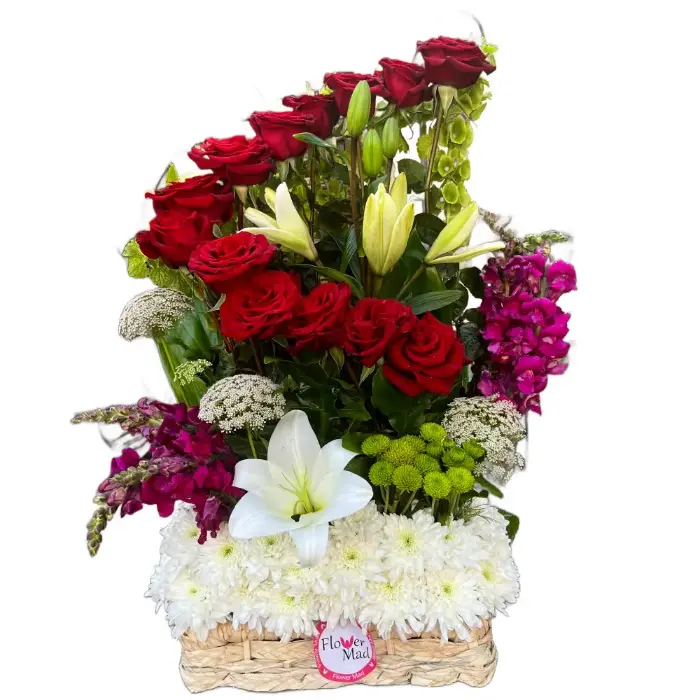 Luxury Floral Basket – Red Roses & Lilies Arrangement | Code 101
