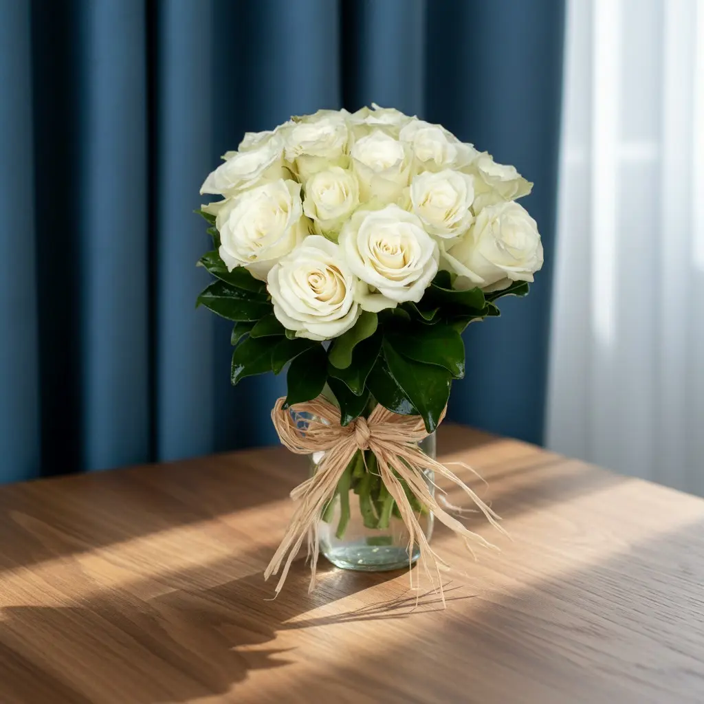 White Roses in Glass Vase | Code 128