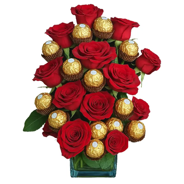 Square Glass Vase with Red Roses & 16 Ferrero rocher | Code 131
