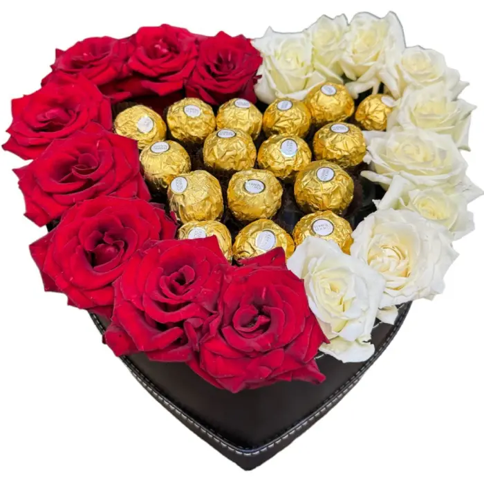 Heart Box with Red & White Roses and Ferrero Rocher | Code 125