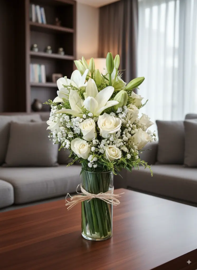 White Roses & Lilies in Glass Vase | Code 135