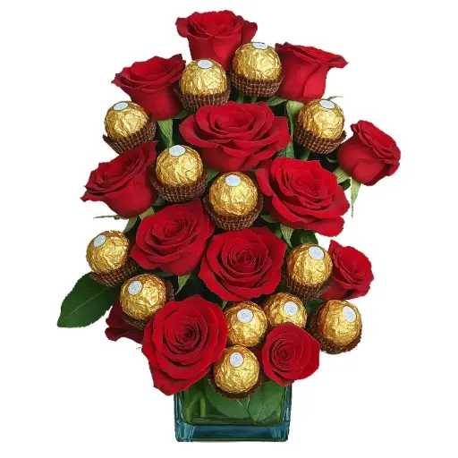 [131] Square Glass Vase with Red Roses & Ferrero rocher | Code 131