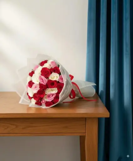 [163] باقة ورد وردي وأبيض وأحمر | كود 163