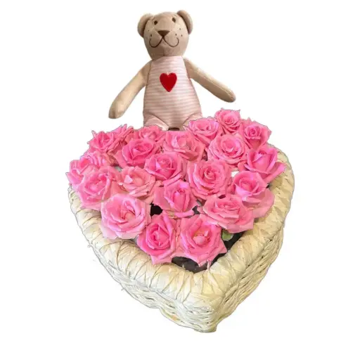 [103] Natural Pink Roses Basket - Baby girl with pink teddy bear | Code 103