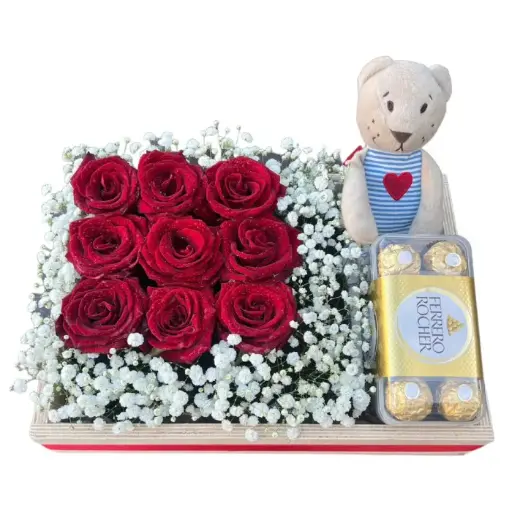[121] Red Roses Gift Box with Teddy & Chocolate | Code 121