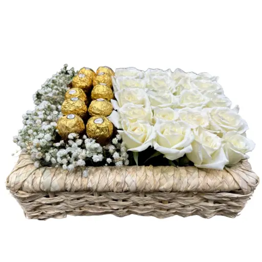 [123] White Roses Box with Baby Flowers and Chocolate | Code 123