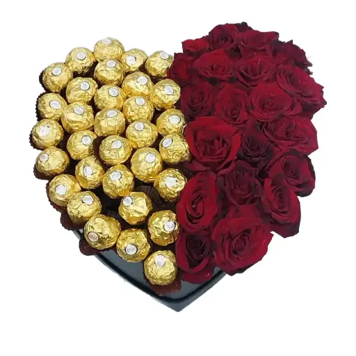 [126] Heart Box with Red & White Roses and Ferrero Rocher | Code 126