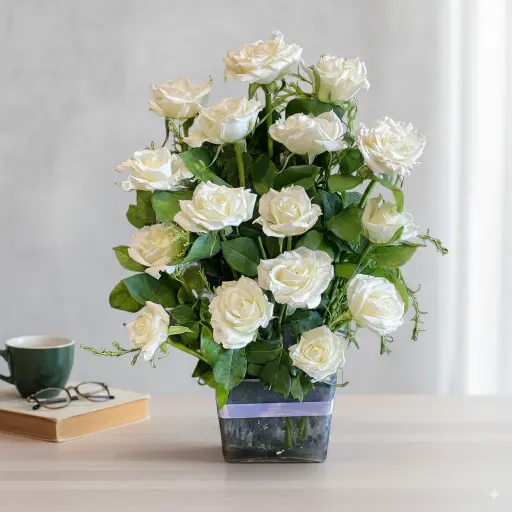 [132] White Roses in Vase | Code 132